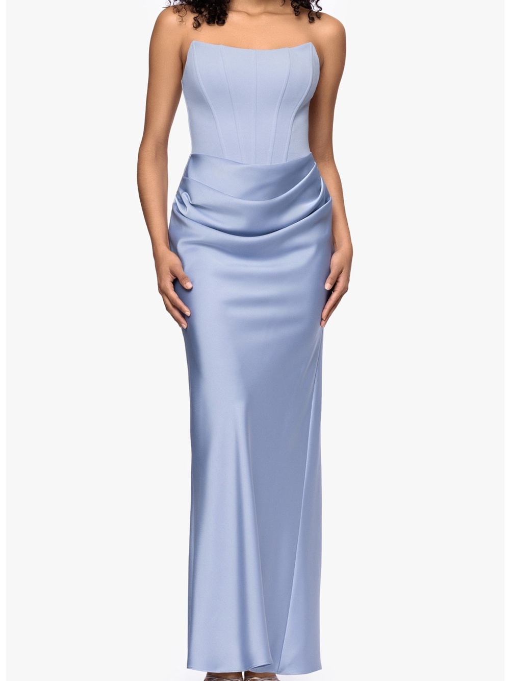 Betsy and Adams Strapless Satin Evening Gown in Light Blue